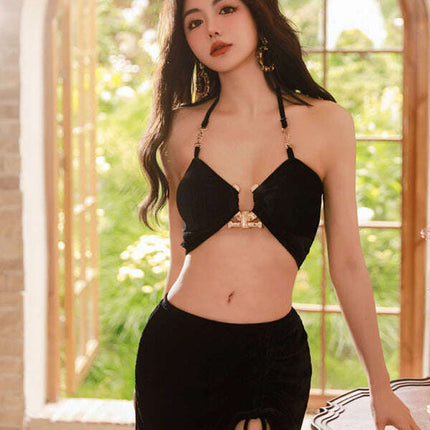 Women's split gold velvet three-piece vacation beach bikini