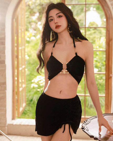 Women's split gold velvet three-piece vacation beach bikini