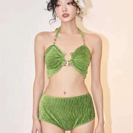 Women's split gold velvet three-piece vacation beach bikini