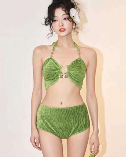 Women's split gold velvet three-piece vacation beach bikini