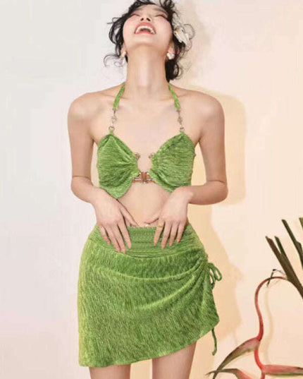 Women's split gold velvet three-piece vacation beach bikini