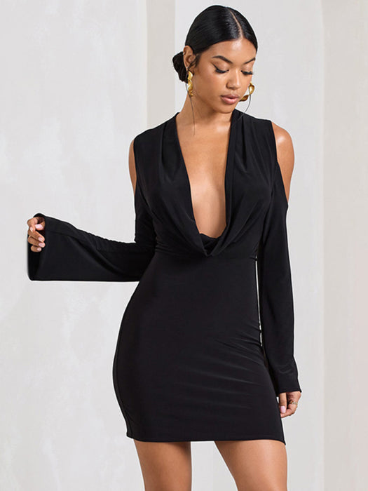 Off-Shoulder Sexy Swing Dress with Long Sleeves and Collar