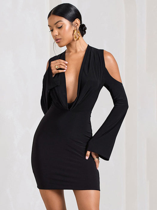 Off-Shoulder Sexy Swing Dress with Long Sleeves and Collar