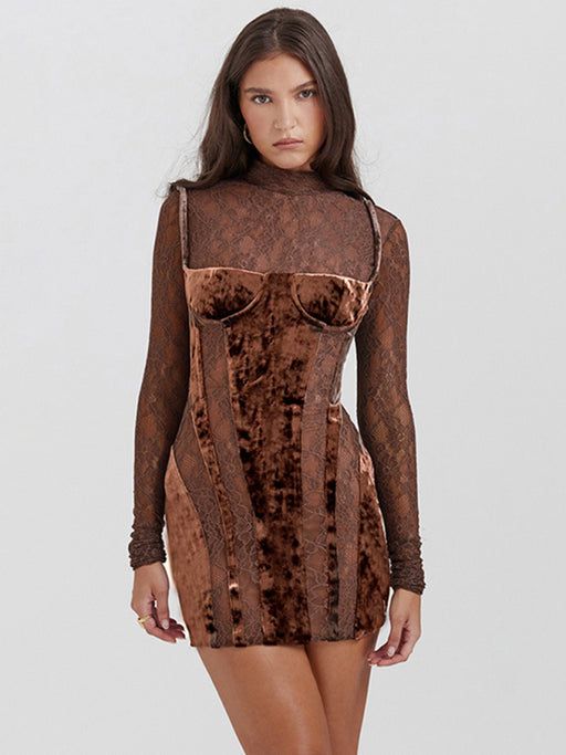 New high collar lace long sleeve hollow contrasting color slim fit dress