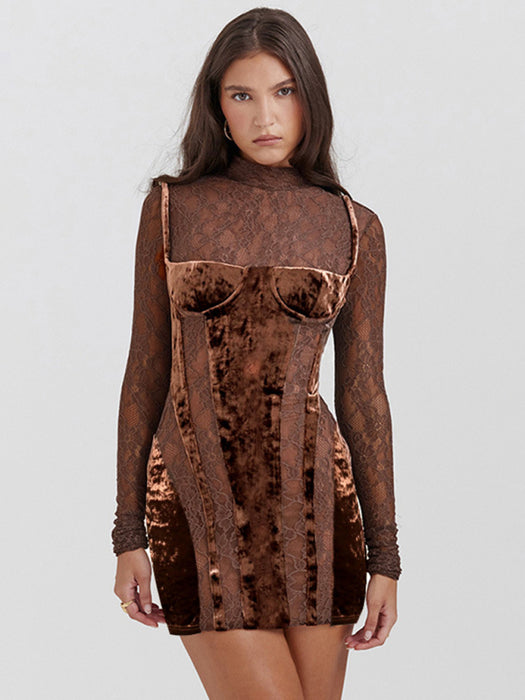 Elegant Lace Sleeve High Collar Colorblock Bodycon Dress
