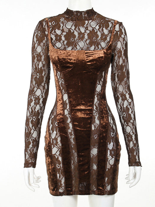 Elegant Lace Sleeve High Collar Colorblock Bodycon Dress