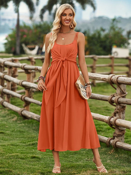 Chic Women's Solid Color Suspender Waist Dress in Bohemian Style