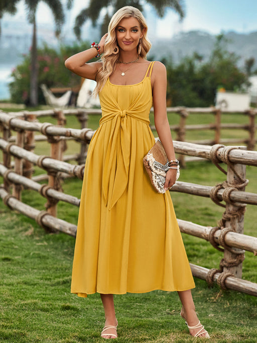 Women's ranch style solid color suspender tied waist dress