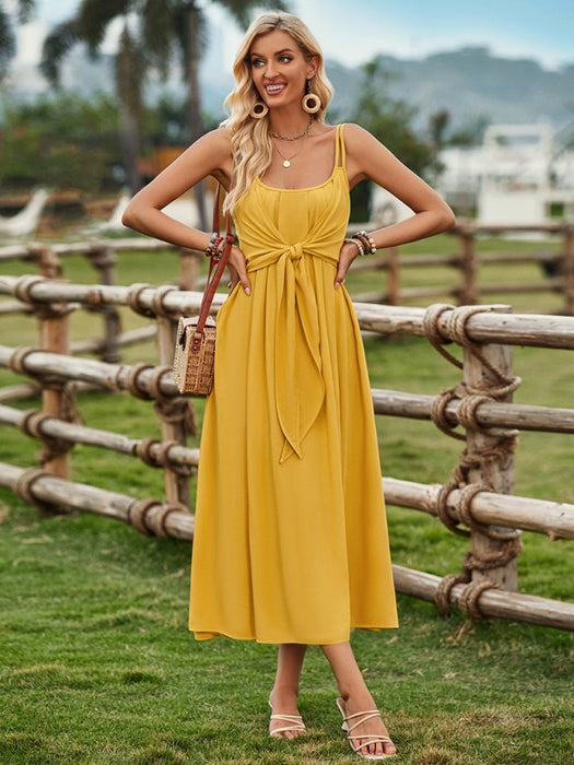 Bohemian Style Women's Solid Color Suspender Waist Dress - Elegant Ranch Style Piece
