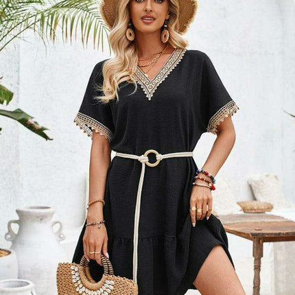 Elegant Lace-Embellished V-Neck Dress with Adjustable Waist Belt