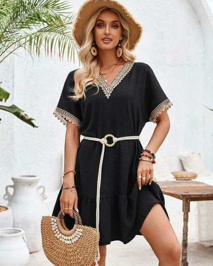 Elegant Lace-Embellished V-Neck Dress with Adjustable Waist Belt