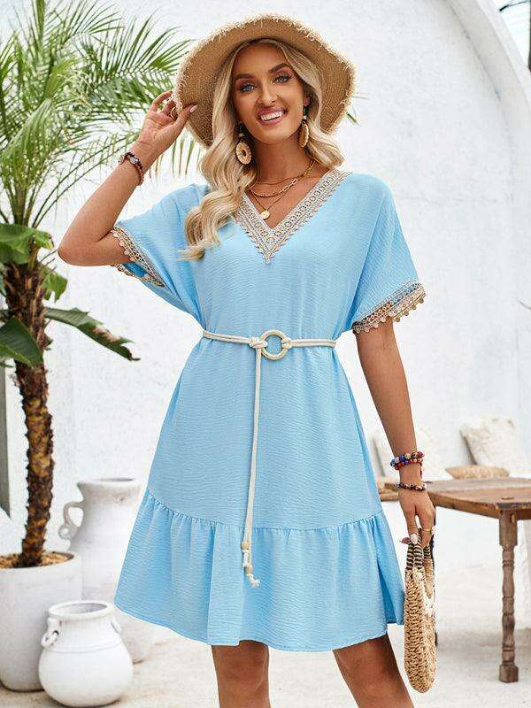 Elegant Lace-Embellished V-Neck Dress with Adjustable Waist Belt