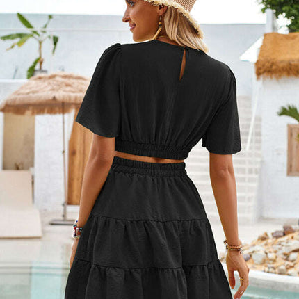 Women's round neck hollow short-sleeved waist dress