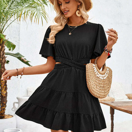 Women's round neck hollow short-sleeved waist dress