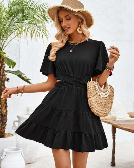Women's round neck hollow short-sleeved waist dress