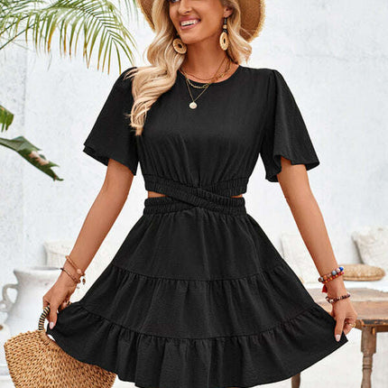 Women's round neck hollow short-sleeved waist dress