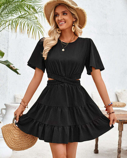 Women's round neck hollow short-sleeved waist dress