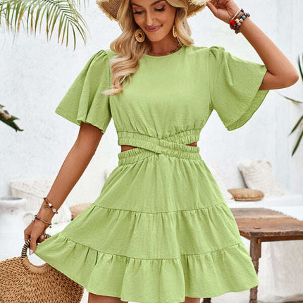Women's round neck hollow short-sleeved waist dress