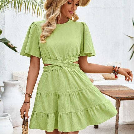 Women's round neck hollow short-sleeved waist dress