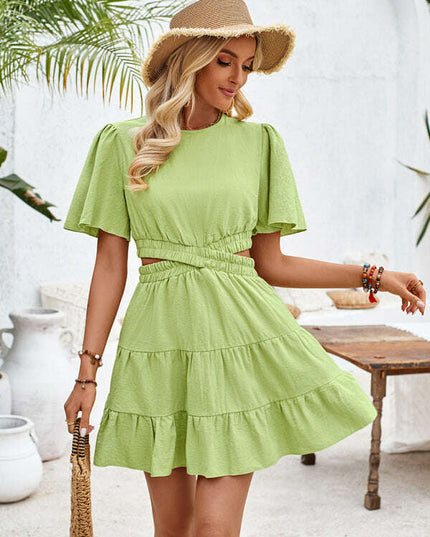 Women's round neck hollow short-sleeved waist dress