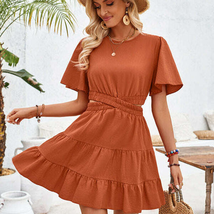 Women's round neck hollow short-sleeved waist dress