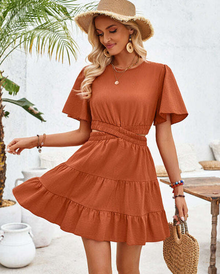 Women's round neck hollow short-sleeved waist dress