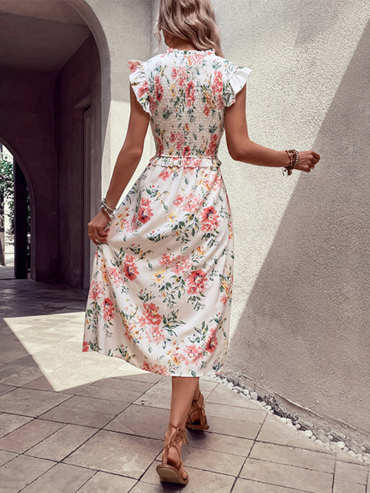 White Floral Ruffle Sleeveless Dress - Elegant Women's Summer Fashion