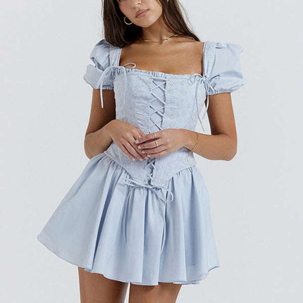 Women's New Puff Sleeve Square Neck Corset Princess Skirt Two-piece Dress