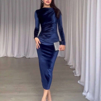 New Fashion Solid Color Slim Fit Pleated Round Neck Long Sleeve Dress