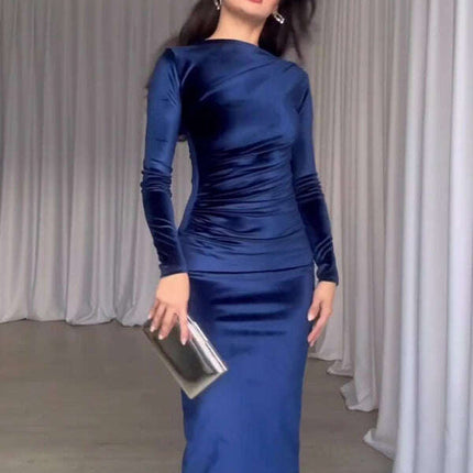 New Fashion Solid Color Slim Fit Pleated Round Neck Long Sleeve Dress