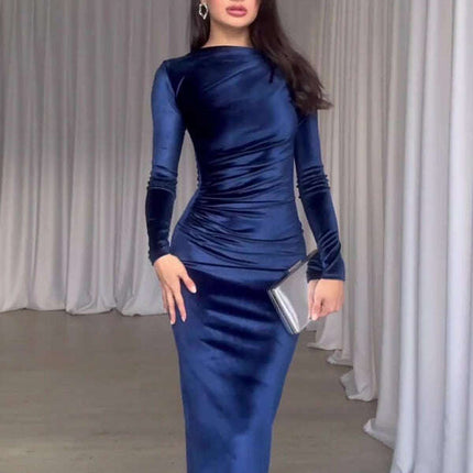 New Fashion Solid Color Slim Fit Pleated Round Neck Long Sleeve Dress