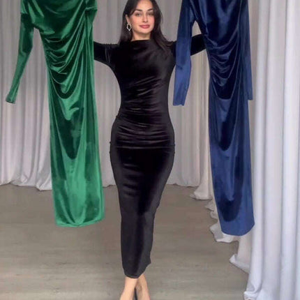 New Fashion Solid Color Slim Fit Pleated Round Neck Long Sleeve Dress