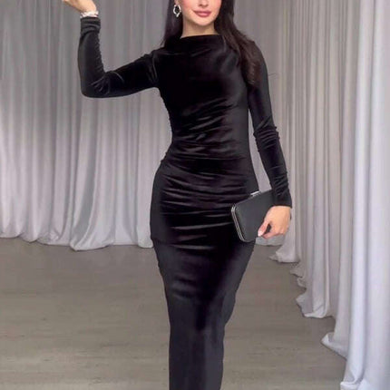 New Fashion Solid Color Slim Fit Pleated Round Neck Long Sleeve Dress