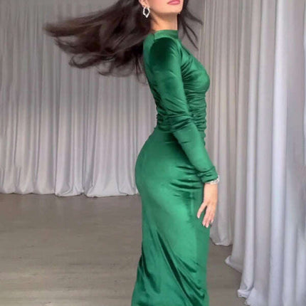 New Fashion Solid Color Slim Fit Pleated Round Neck Long Sleeve Dress