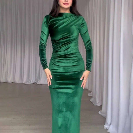 New Fashion Solid Color Slim Fit Pleated Round Neck Long Sleeve Dress