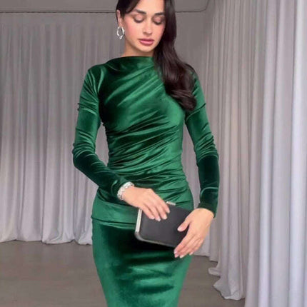 New Fashion Solid Color Slim Fit Pleated Round Neck Long Sleeve Dress