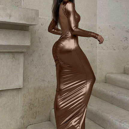 Women's sexy backless pleated glossy dress