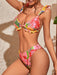 Feminine ruffled floral print cover-up three-piece bikini