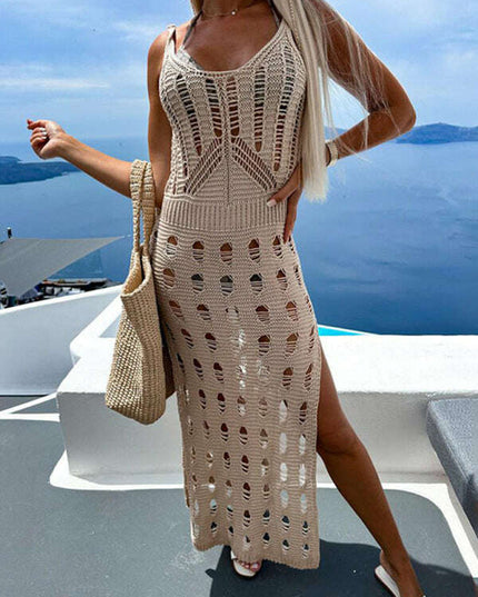 Women's new style knitted hollow solid color slim sexy V-neck slit dress