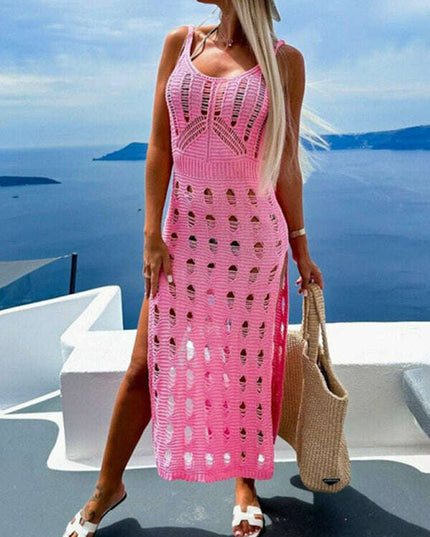 Women's new style knitted hollow solid color slim sexy V-neck slit dress