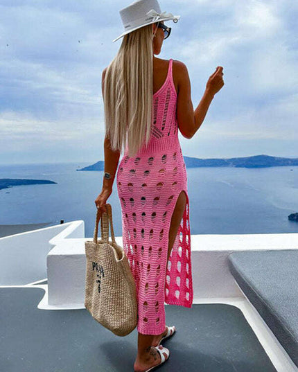 Women's new style knitted hollow solid color slim sexy V-neck slit dress