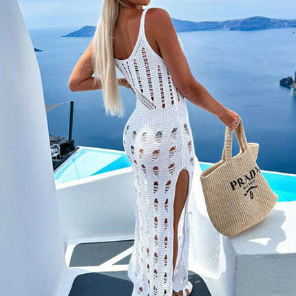 Women's new style knitted hollow solid color slim sexy V-neck slit dress