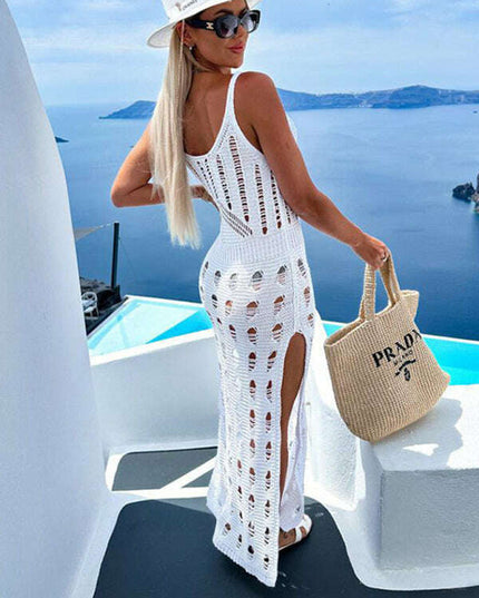 Women's new style knitted hollow solid color slim sexy V-neck slit dress