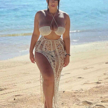 Women's long fringed stretch side slit suspender beach skirt