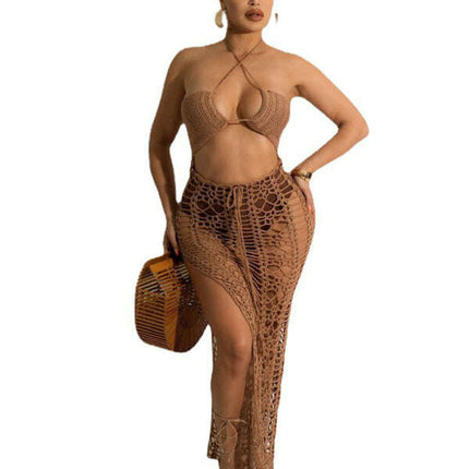 Women's long fringed stretch side slit suspender beach skirt