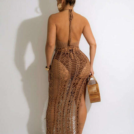 Women's long fringed stretch side slit suspender beach skirt