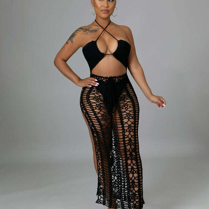 Women's long fringed stretch side slit suspender beach skirt