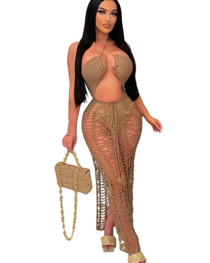 Women's long fringed stretch side slit suspender beach skirt