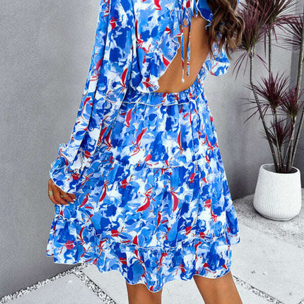 New elegant printed V-neck long-sleeved dress