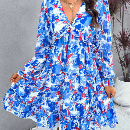 New elegant printed V-neck long-sleeved dress